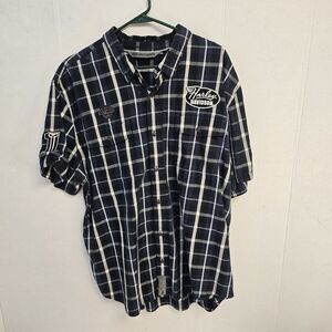 Harley Davidson Blue Plaid Button Up Shirt Slim 2xl Workwear Biker Patches V0536